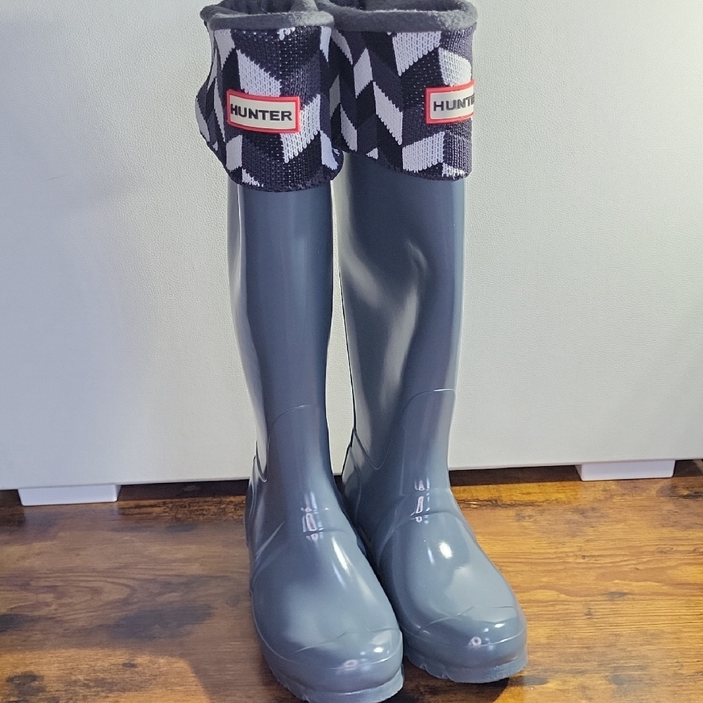 HUNTER Original Tall Rain Boots Hunter Blue & Gray Size 6 Prestine Glossy 16”